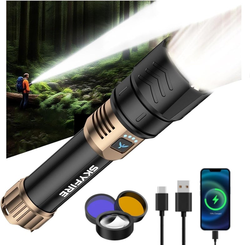 SkyFire LED Flashlights High Lumens with Ignition Lens&Color-Changing Yellow/Blue Lenses,2000lm Super Bright Rechargeable,Zoomable,4 Modes,Waterproof Tactical Light for Camping,Outdoor,Home&Gifts - Image 1